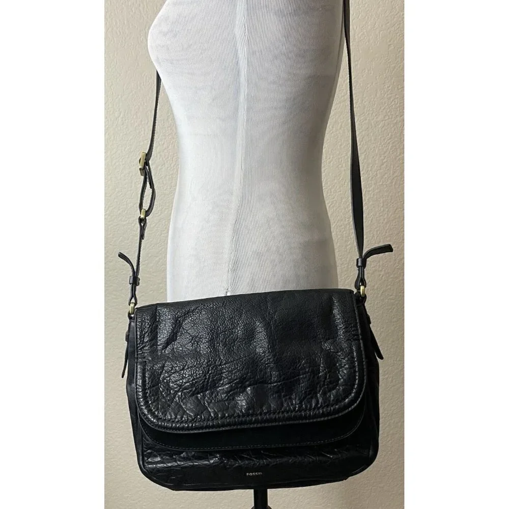 Fossil‎ Peyton Crossbody Bag Black Leather Double Flap Adjustable Strap Handbag